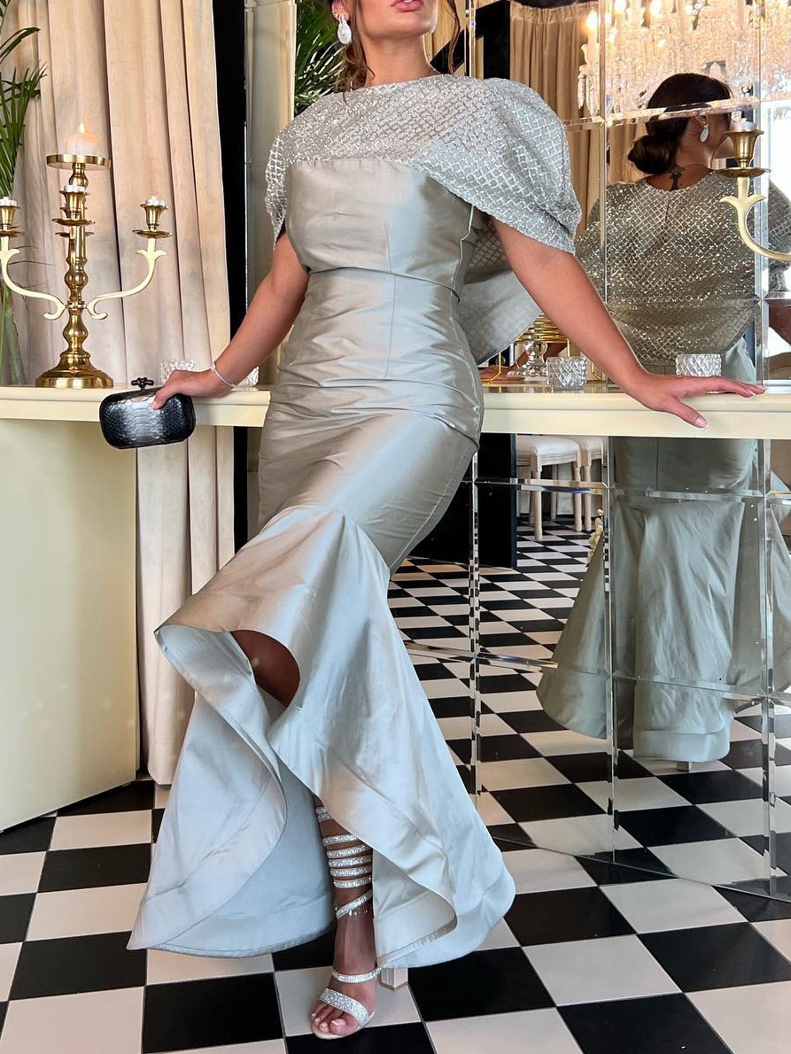 Women's Elegant Gorgeous Silver Satin Sequin Mesh Slim Fit Flared Dress