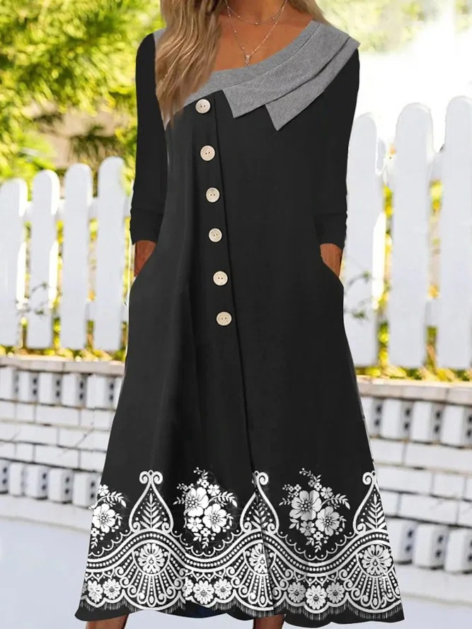 V neck Casual Loose Print Color Block Long Sleeve Midi Dress