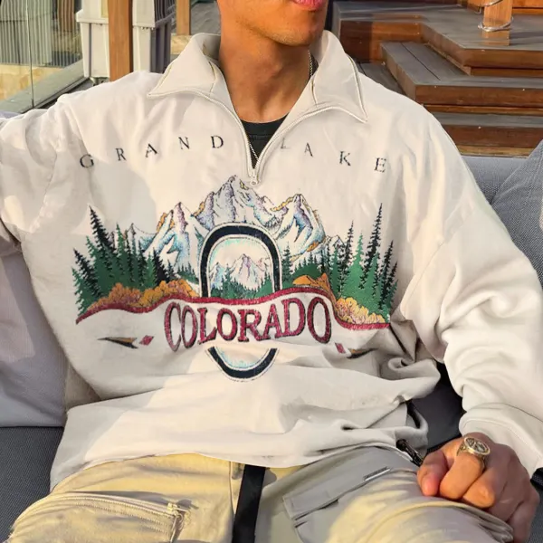 Men's Vintage Colorado Print Long Sleeve Zip Polo Neck Oversize Sweatshirt - Paleonice.com 