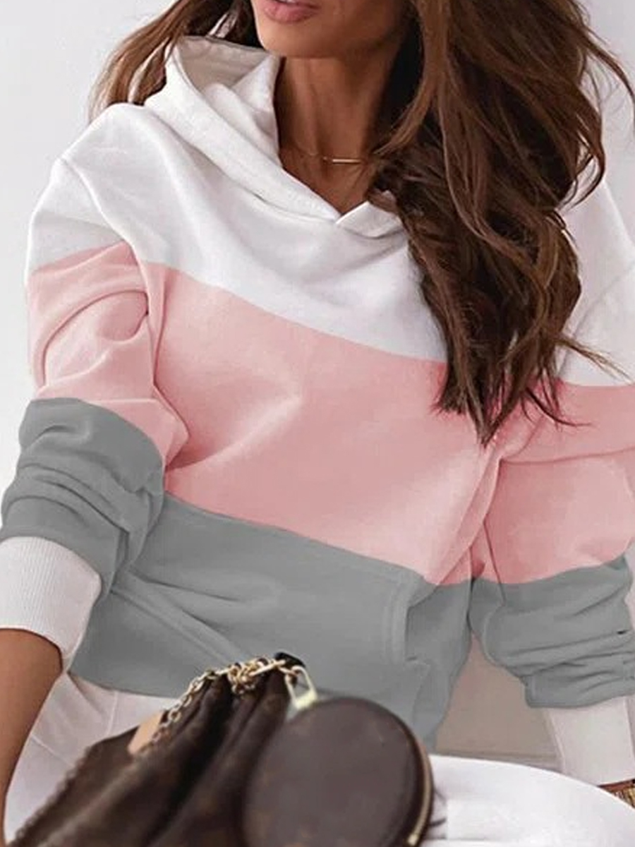Loose Casual Colorblock Long Sleeve Hooded Sweatshirt