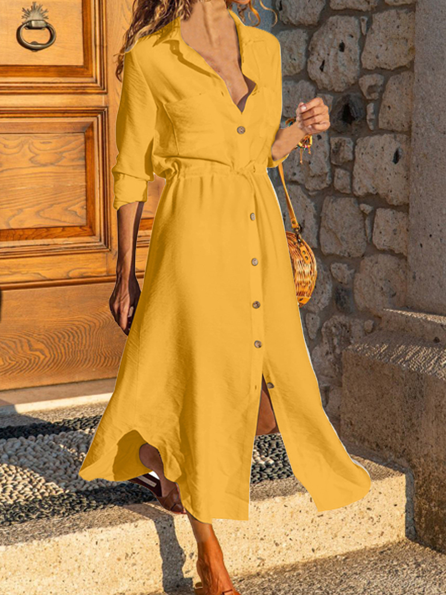 Fashion Casual Solid Color Waist Lapel Long Sleeve Maxi Dress
