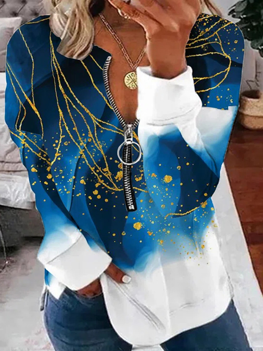 Casual Vintage Print Zip V Neck Long Sleeve Sweatshirt