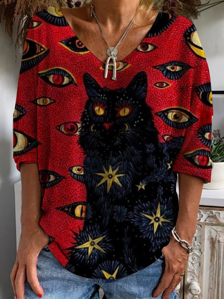 Loose Casual Cat Print V Neck Long Sleeve T Shirt