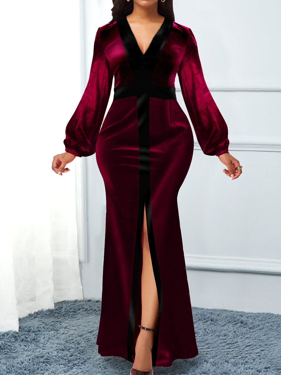 Fashion Long Sleeve V neck Velvet Long Party Dress
