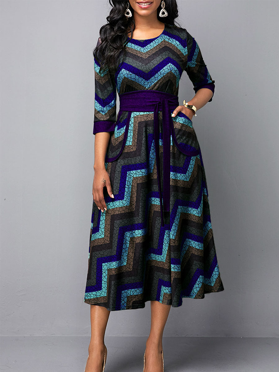 Vintage Geometric Print Round Neck Long Sleeve Dress
