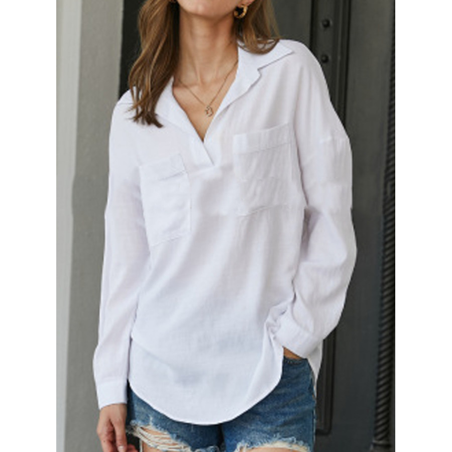

Casual Solid Lapel Pocket Long Sleeve Blouse