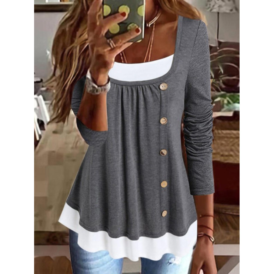 

Round Neck Casual Loose Panel Single Breasted Long Sleeve T-shirt