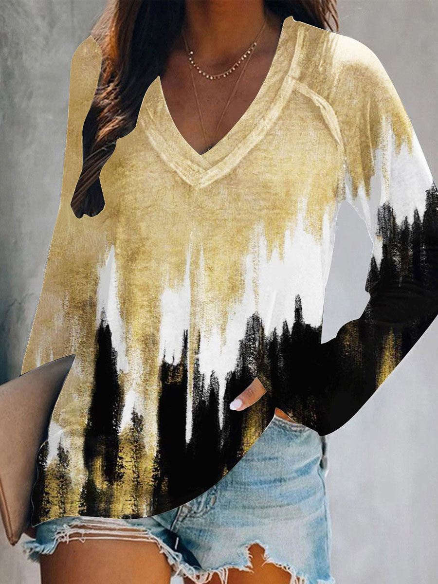 Casual Sequin Print Long Sleeve V neck T shirt