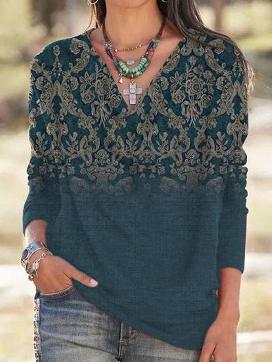 Casual Vintage Print V Neck Long Sleeve T Shirt
