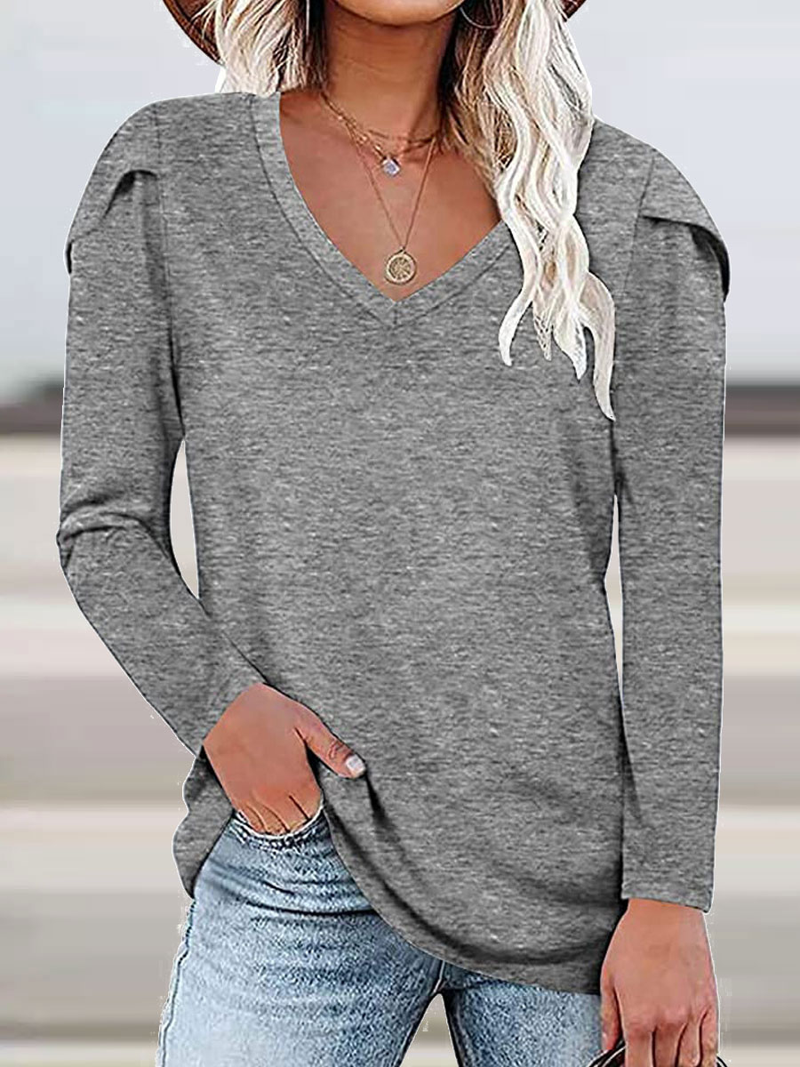 V neck Casual Loose Solid Color Long Sleeve T shirt