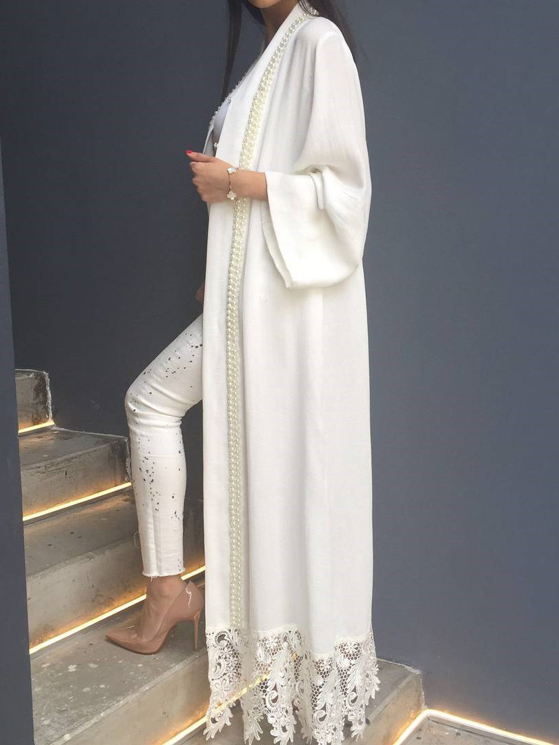 Women's Elegant Pearl Ribbon Lace Panel Long Cardigan