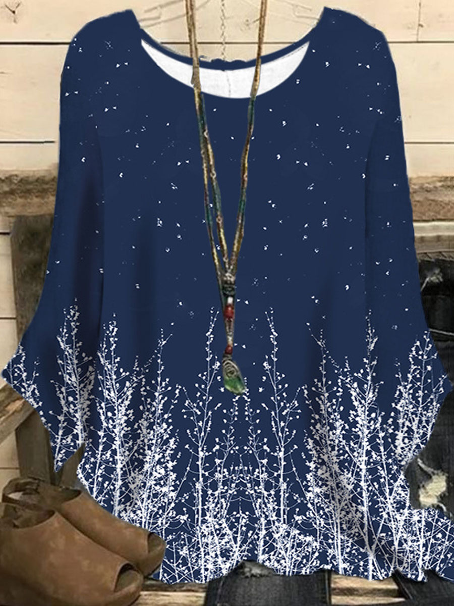 Round Neck Casual Loose Twig Print Long Sleeve Blouse