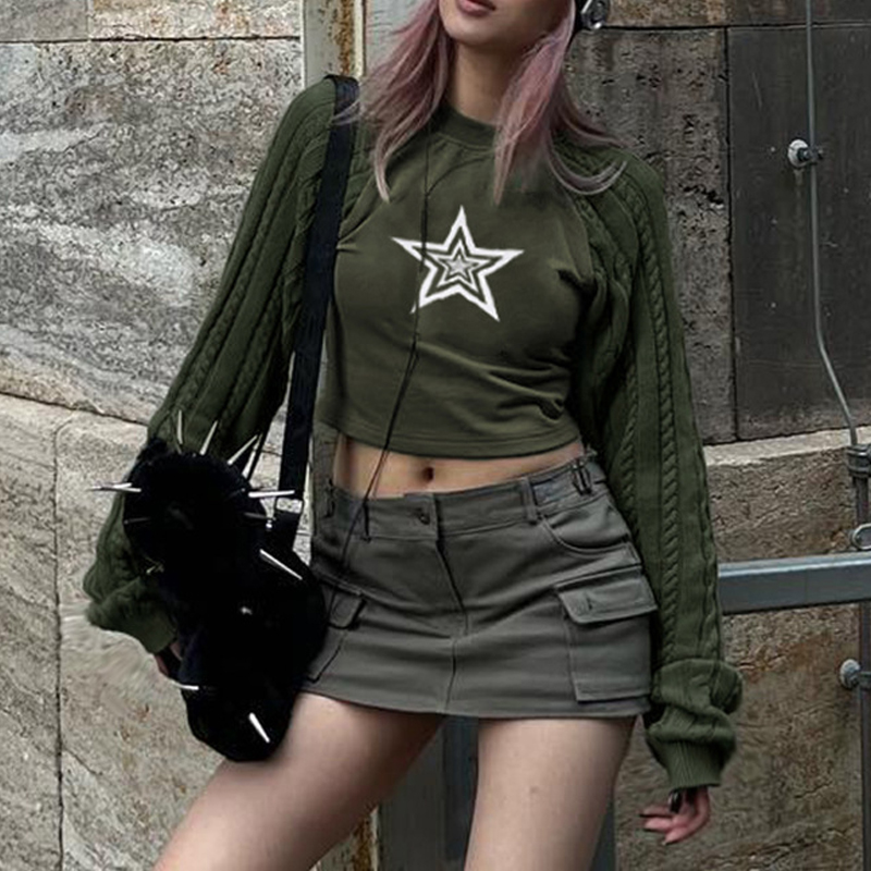 Short Style Stitching Knit Pullover Pentagram Print Loose Sweatshirt