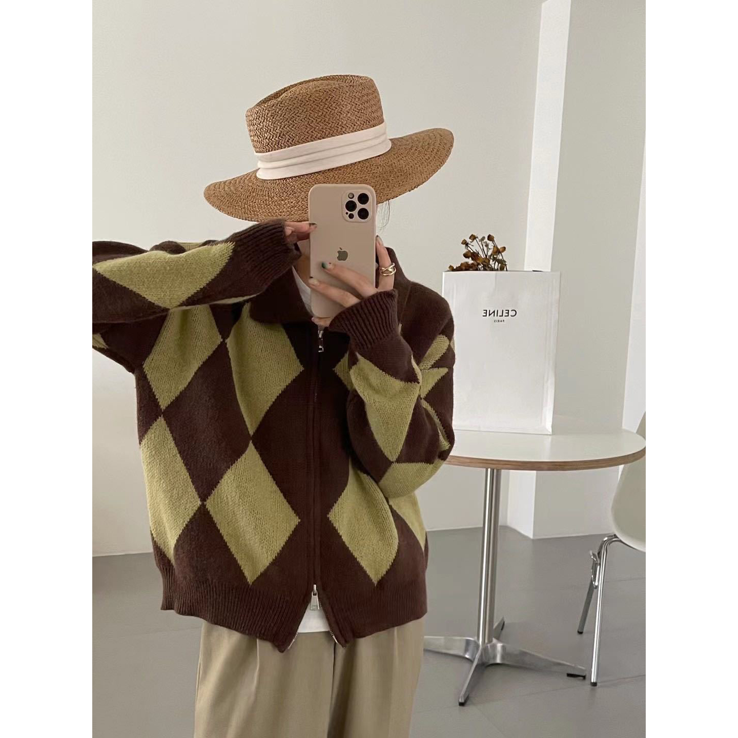 Women's Dark Academic Vintage Check Knit Cardigan