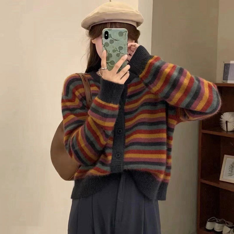 Women's Dark Academic British Style Vintage Striped Knit Cardigan
