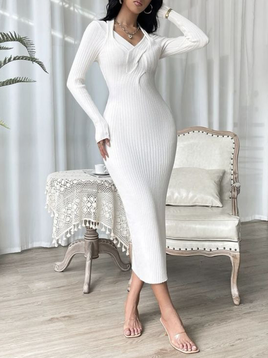 Ladies Elegant Fashion V Neck Knit Casual Solid Color Design Everyday Party Dress