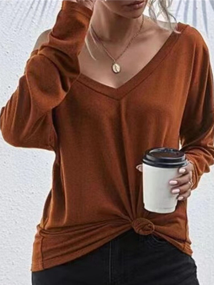 Women's Casual Solid Color V neck Knit T shirt