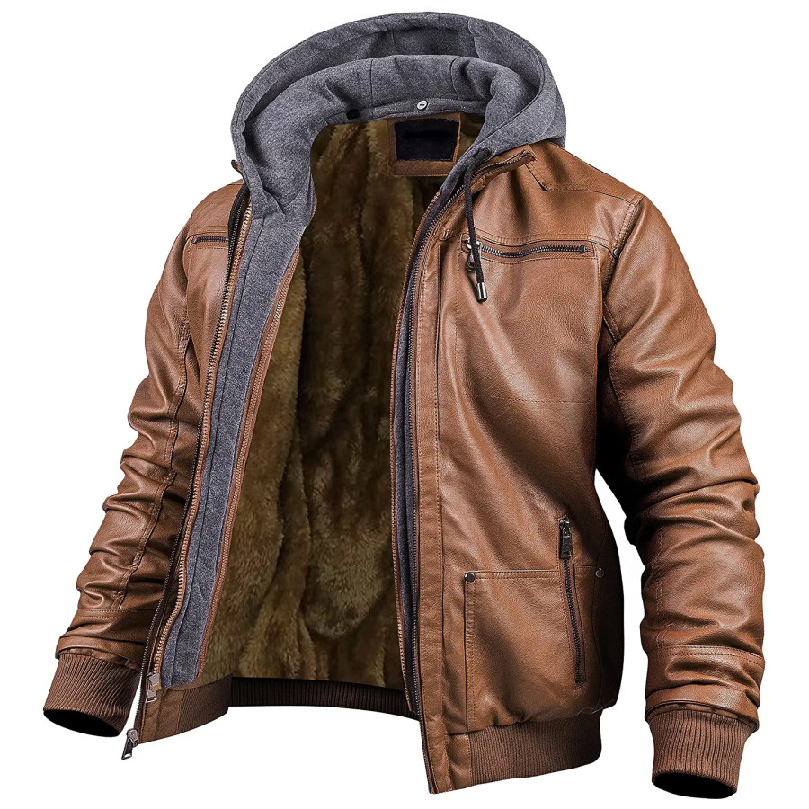

Men's Vintage Windproof Warm Fleece Detachable Hooded Motorcycle Leather Jacket