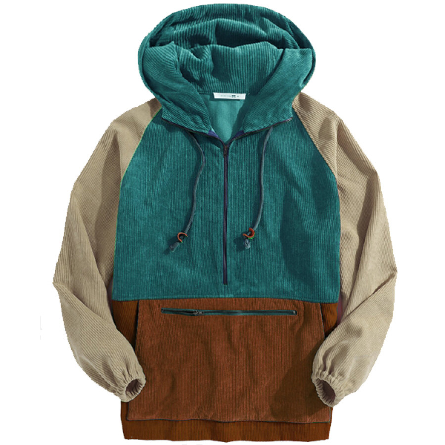 

Men's Retro Contrast Zip Half Collar Corduroy Hoodie