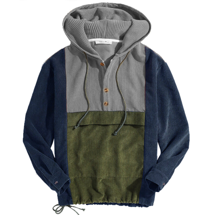 

Men's Vintage Contrast Corduroy Henley Hoodie