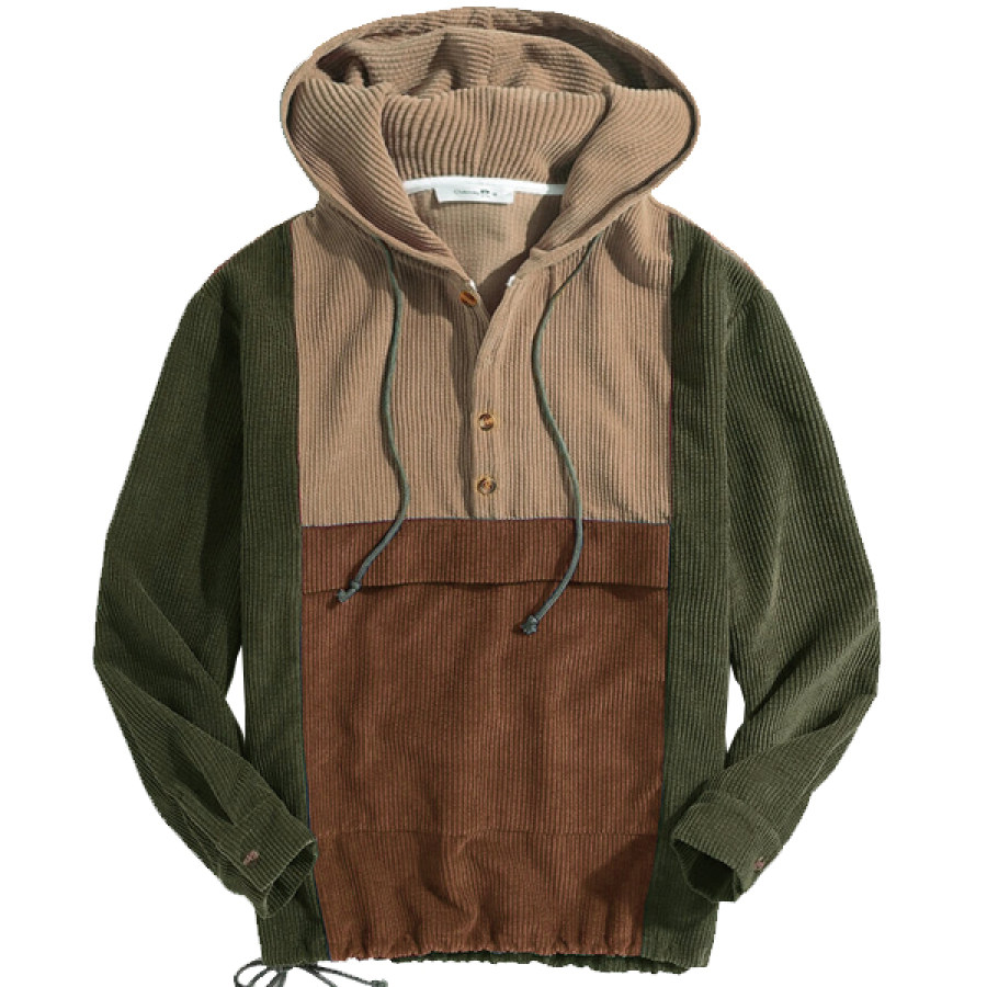 

Men's Vintage Contrast Corduroy Henley Hoodie