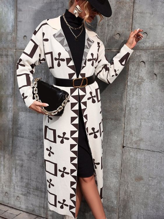 Ladies Elegant Fashion Black And White Vintage Print Casual Daily Coat Coat