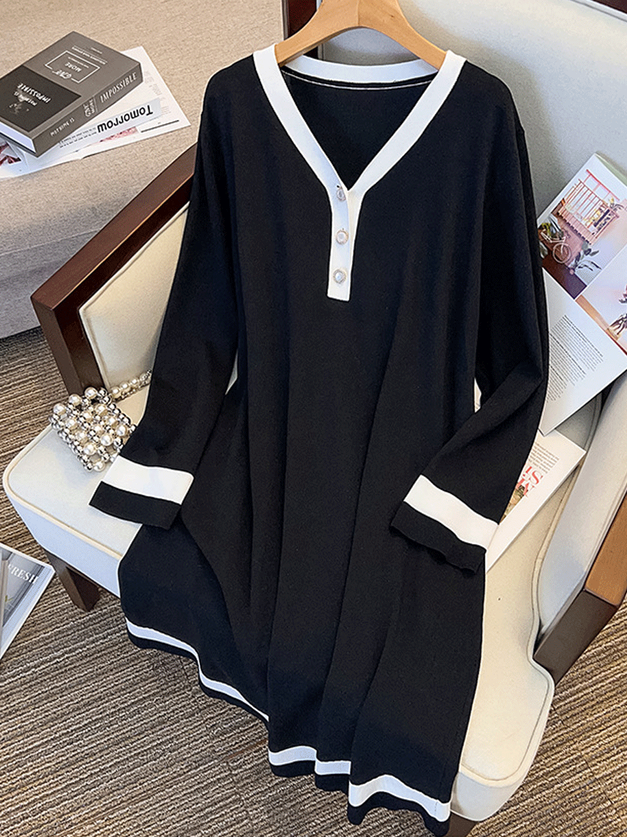 Fashionable Loose Knit V neck Midi Dress