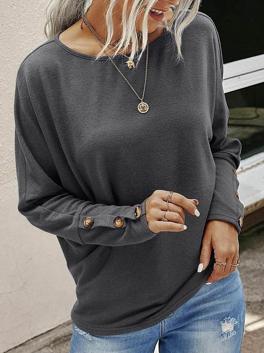 Casual Solid Color Crew Neck Button Long Sleeve T Shirt