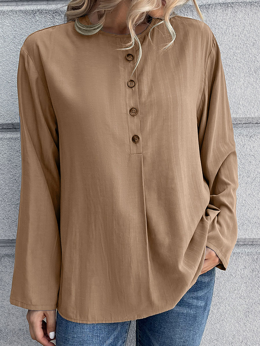 Round Neck Casual Loose Solid Color Long Sleeve Blouse