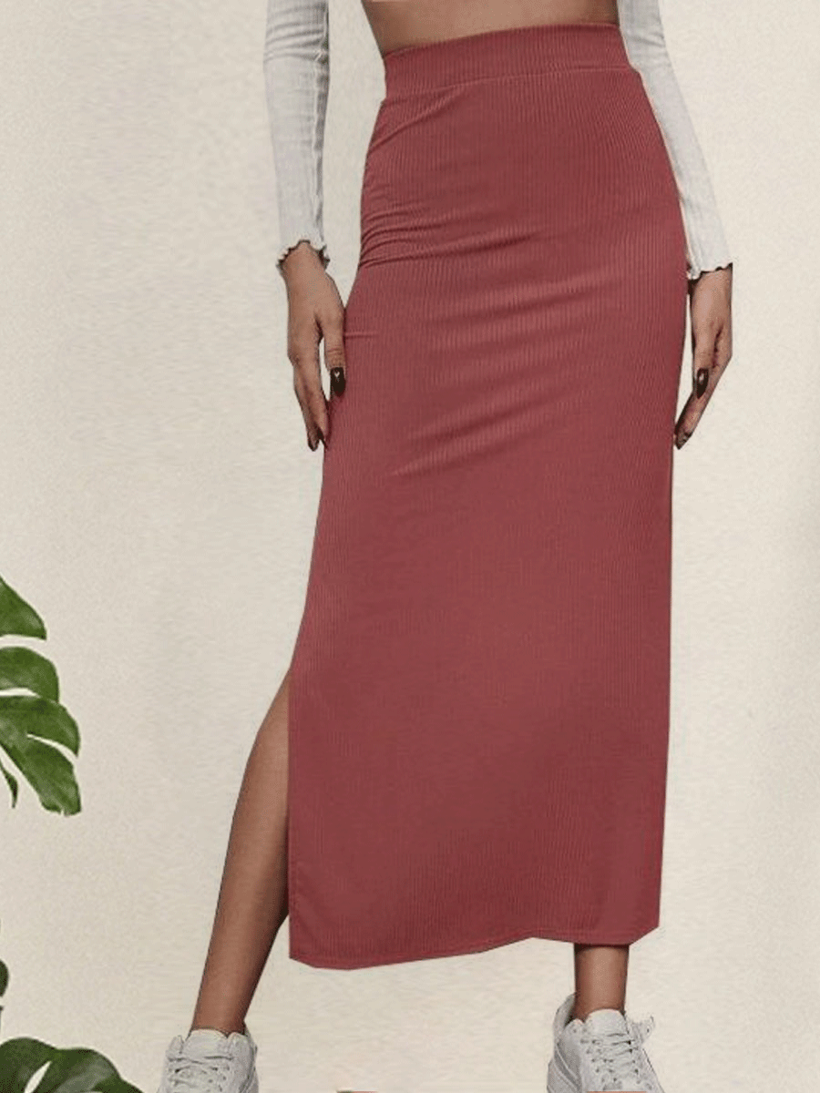 Fashion Skinny Solid Color Slit Long Maxi Skirt