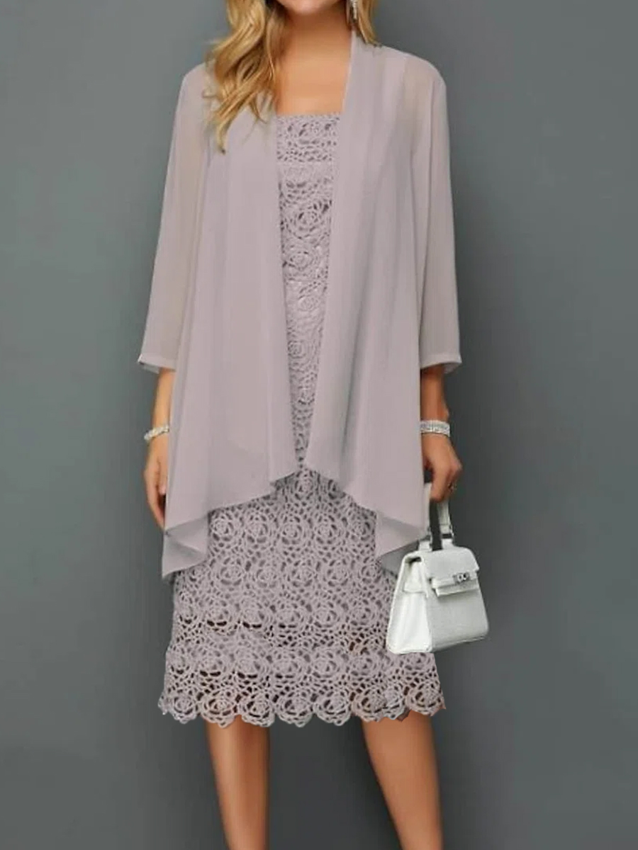 Fashion Lace Round Neck Three quarter Sleeve Two Piece Midi Dress