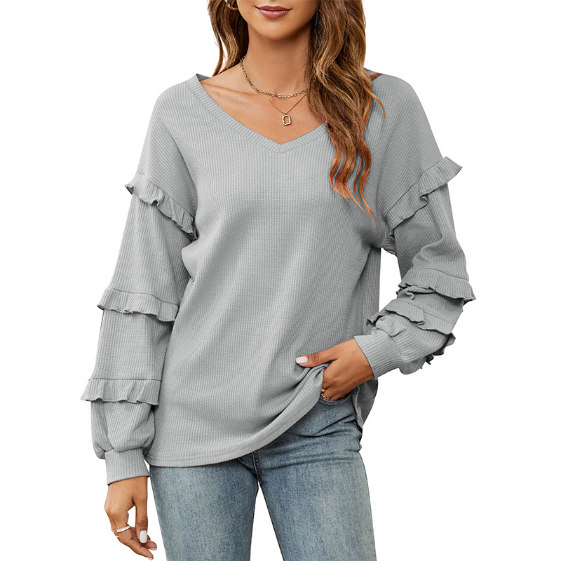 Trendy Waffle V neck Ruffled Lantern Sleeve Sweatshirt