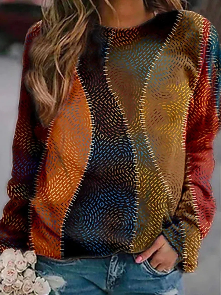 Casual Ethnic Print Crew Neck Long Sleeve Sweatshirt