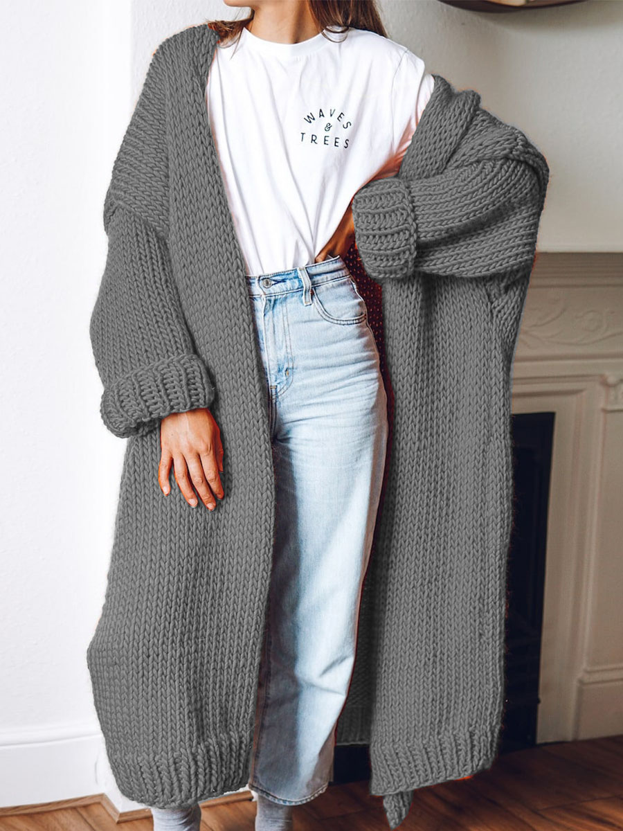 Fashion Solid Color Long Knit Cardigan Coat