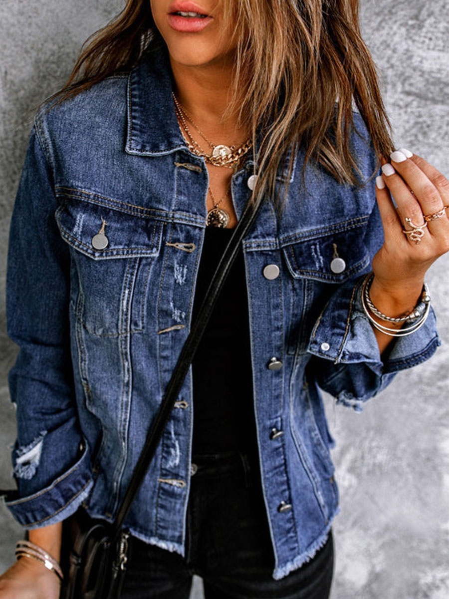 Stylish Single Breasted Fold Over Collar Demin Coat