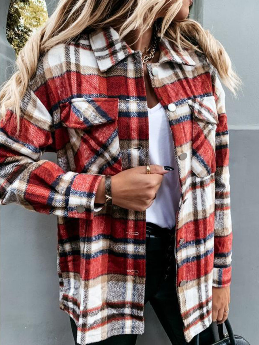 Lapel Collar Casual Plaid Long Sleeve Jacket