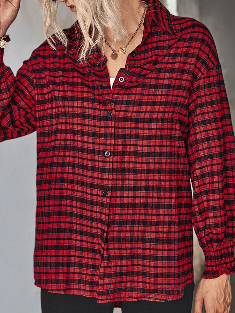 Check Print Loose Casual Long Sleeve Blouse