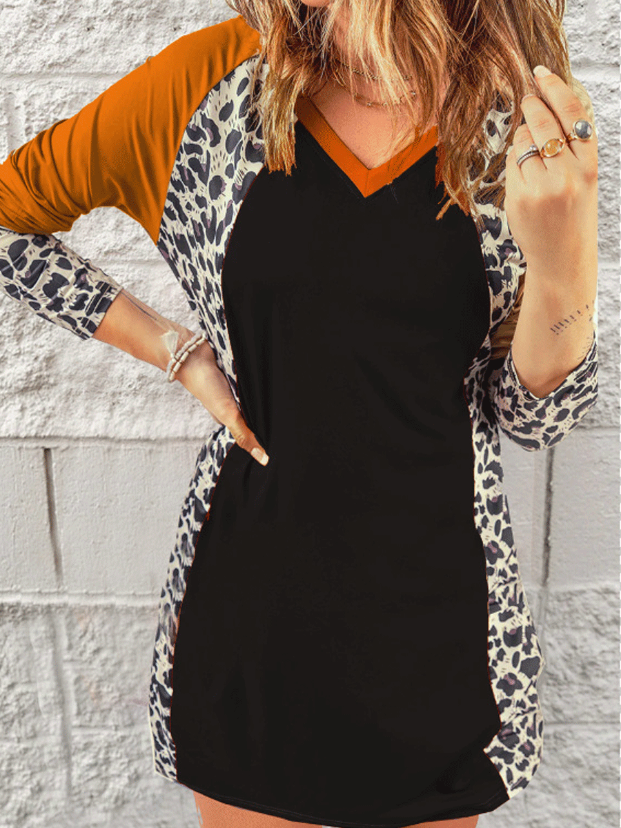Leopard Print Contrast Panel V neck Short Dress