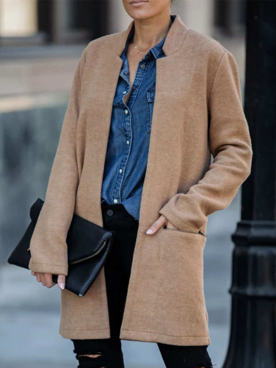 Women's Solid Color Long Sleeve Pocket Coat