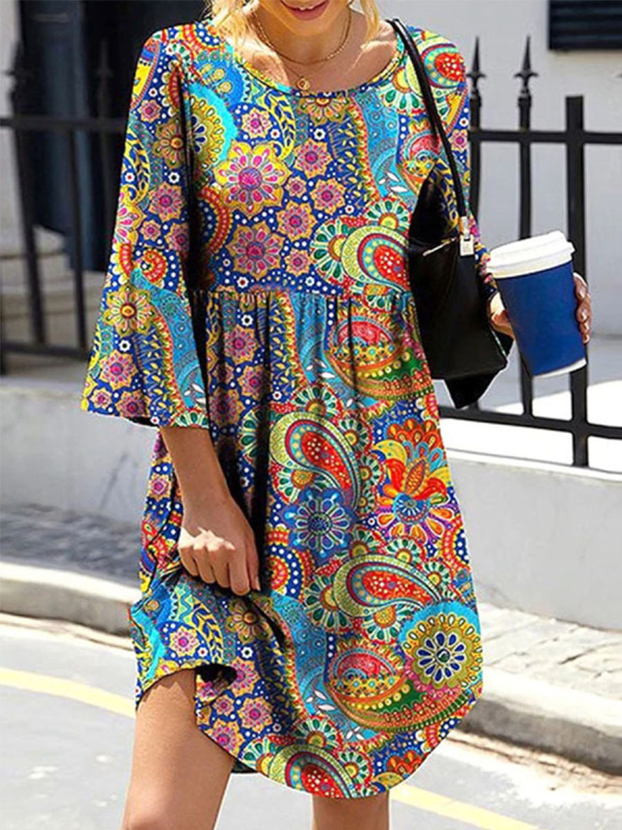 Casual Loose Printed Long sleeved Short Dress