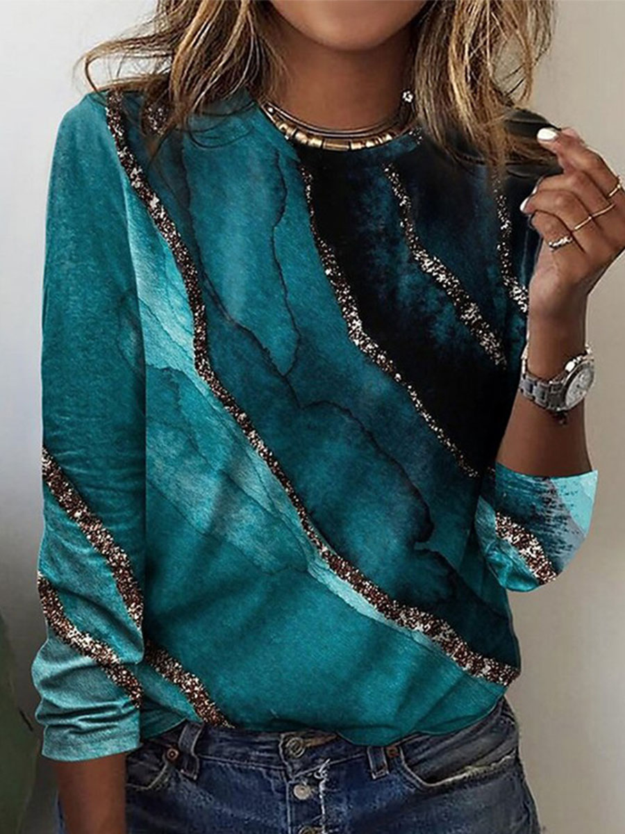 Casual Marble Print Crew Neck Long Sleeve T Shirt