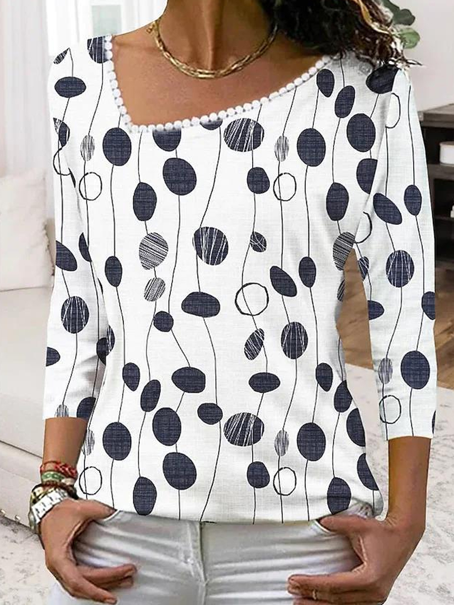 Casual Vintage Polka Dot Print V Neck Long Sleeve T Shirt