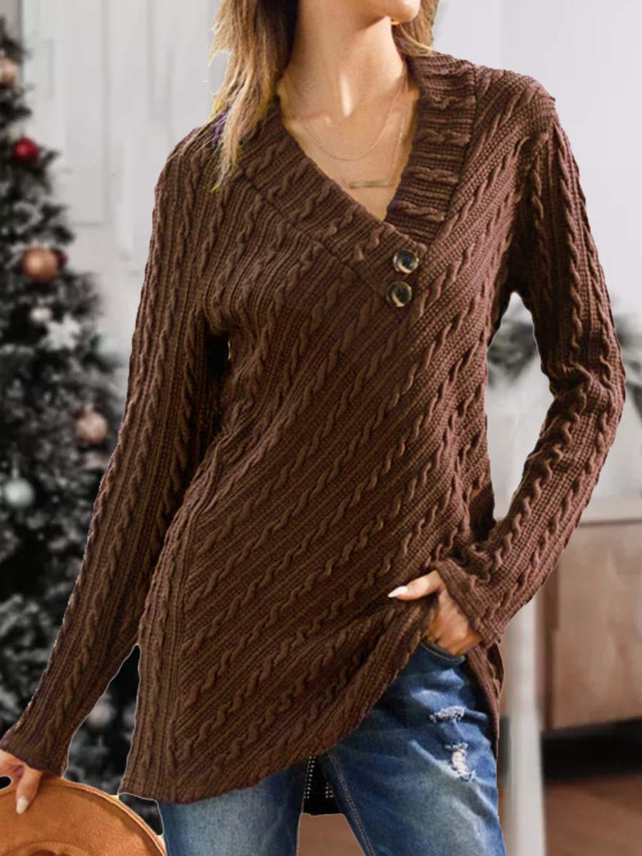 Casual Solid Button V Neck Long Sleeve Pullover Sweater