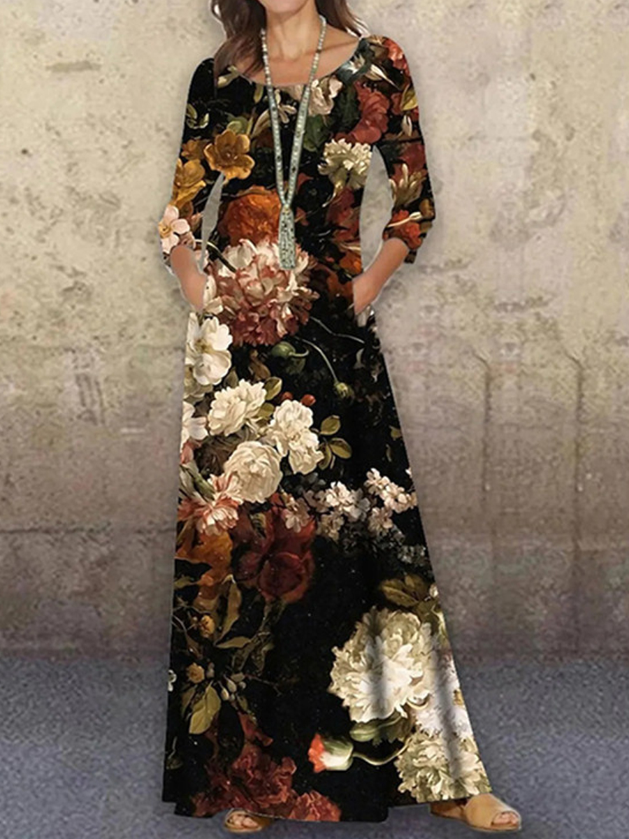 Casual Floral Print Crew Neck Long Sleeve Maxi Dress