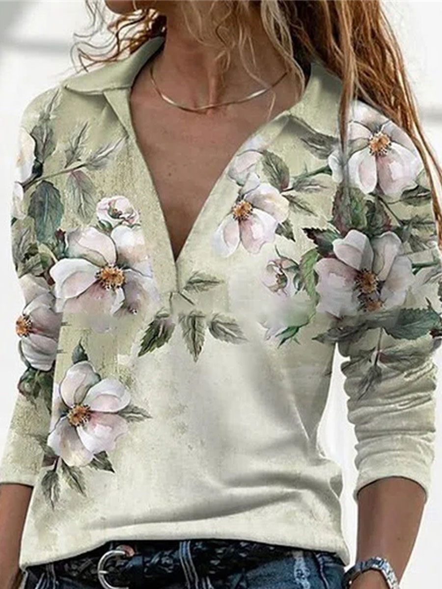 Polo Collar Casual Loose Floral Print Long Sleeve T shirt