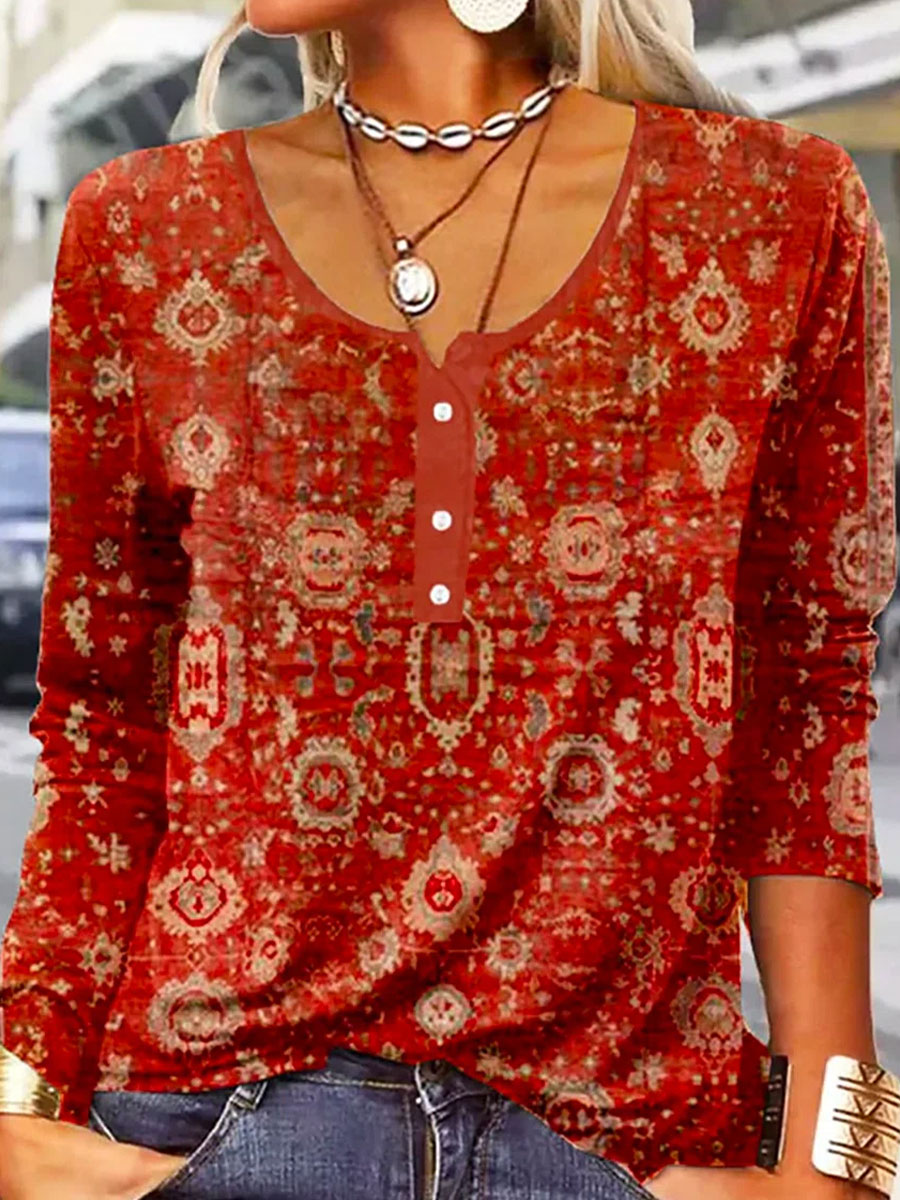 Round Neck Casual Loose Printed Long Sleeve T shirt