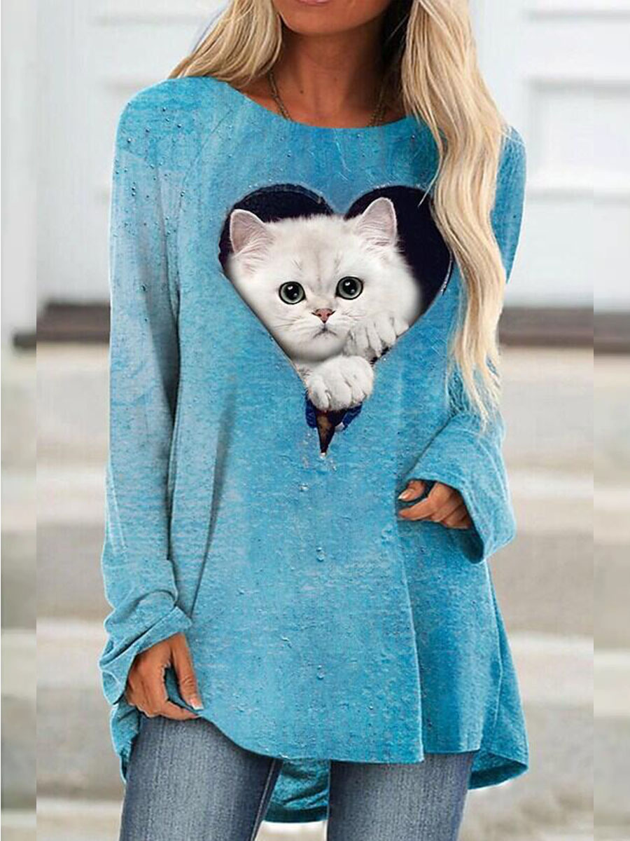Casual Color Matching Printed Round Neck Long sleeved Loose T shirt