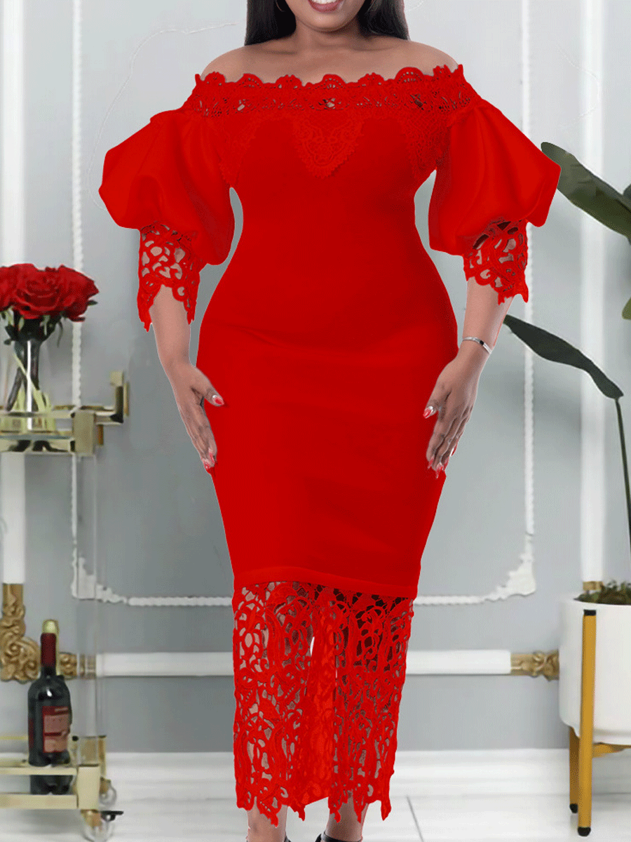 One shoulder Off the shoulder Bag Hip Lace Stitching Lantern Sleeve Dress Skirt Maxi Dress