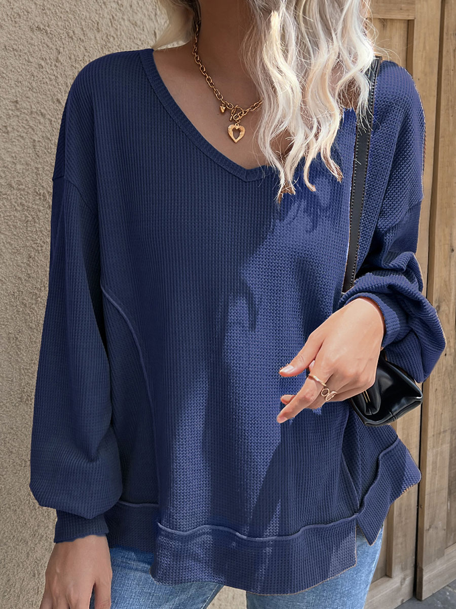 Fashion Solid Color Casual V neck T shirt