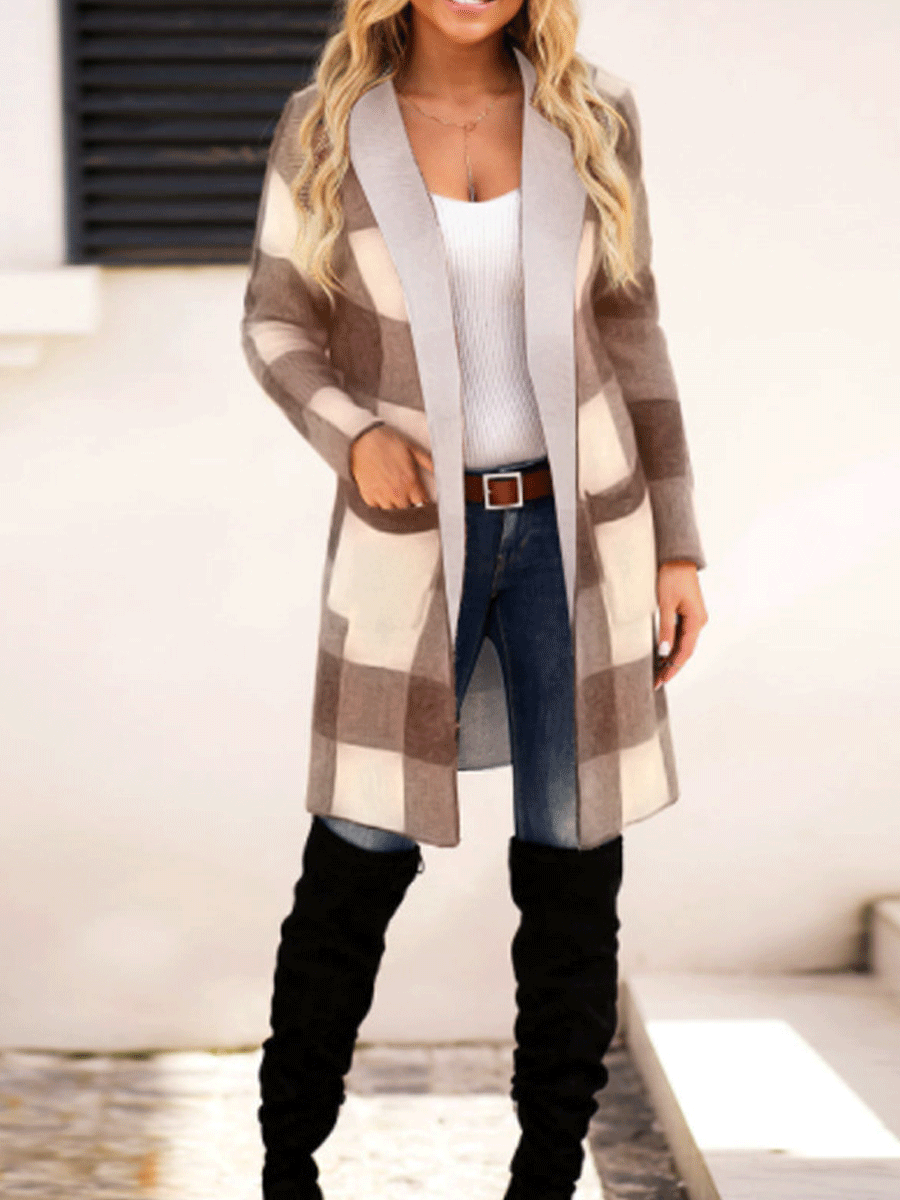 Women's Knitted Mid length Plaid Print Long sleeved Hooded Cardigan Coat